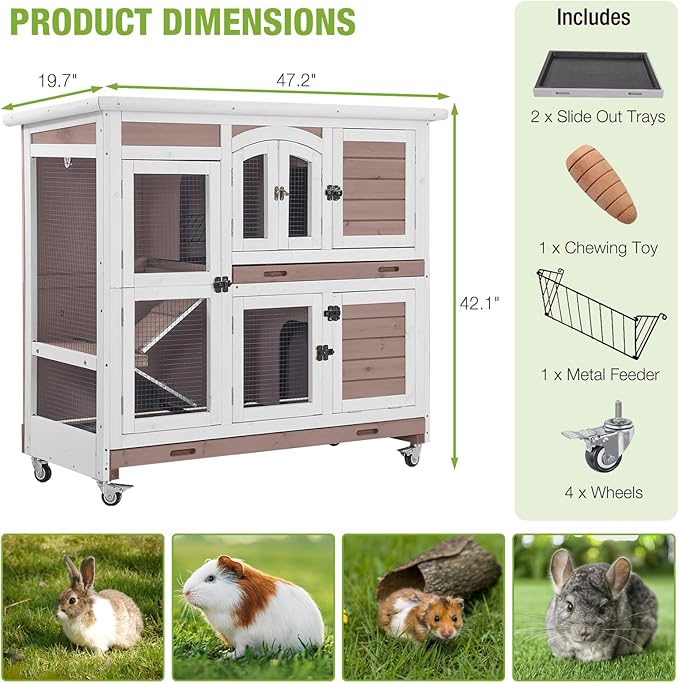 Gutinneen Two-Story Rabbit Hutch with Chew-Proof Ramp - 47" Indoor/Outdoor Rabbit Cage with Wheels & Leak-Resistant Trays for Rabbits, Guinea Pigs(Brown)