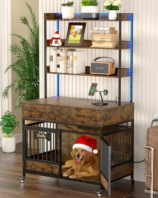 Petrova 40" Dog Crate Furniture with LED Light & 2 Storage Drawers, Heavy Duty Indoor Dog Kennel for Medium/Small Dogs, Wooden Dog Cage with Power Outlets, Charging Station, Lockable Wheels, Brown