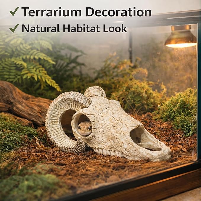 Reptile Hide Cave Decoration, Ram Skull Style Resin Shelter for Gecko, Lizard, Snake and Amphibian, Natural Habitat Decor for Small Reptiles