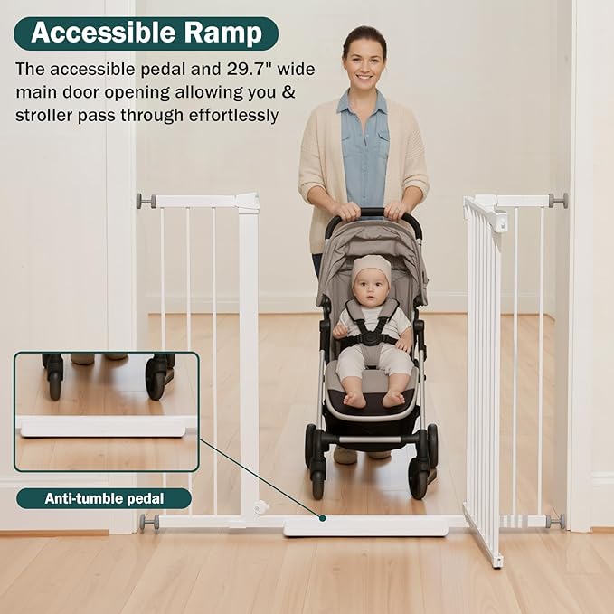 Mumeasy 36" Extra Tall Dog Gate, Auto Close Baby Gate for Stairs Doorways, 29.7-46" Wide Walk Thru Child Safety Gate for House, Easy Install Pressure Mounted Metal Pet Gate with Door, White