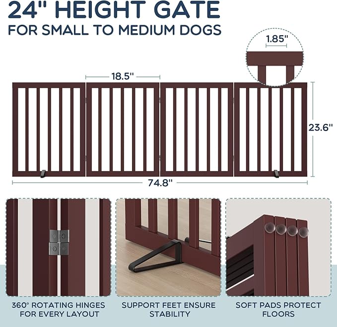 Homykic Bamboo Freestanding Dog Gate, No Assembly Pet Gate Indoor, 24”H x 75”W Extra Wide Foldable Puppy Fence with Support Feet for the House, Doorways Stairs, 4 Panels, No Drilling, Espresso