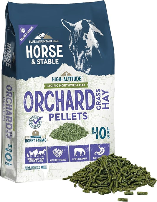 Blue Mountain Hay High Altitude Orchard Grass Hay Pellets (40 lb), Ultra Premium Nutrient Dense Forage, Small Quick Soaking Low Dust Pellets, Easy to Measure, Automatic Feeder Friendly