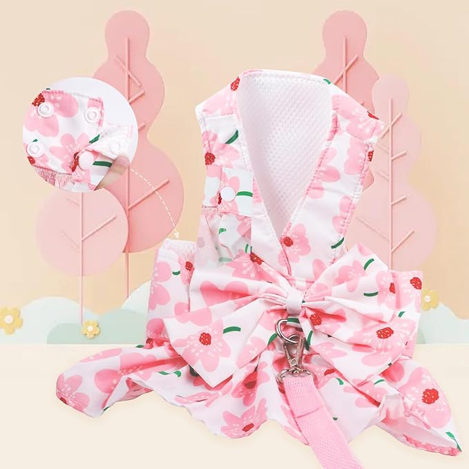Dog Dress Bowknot Harness Leash Set for Small Girl Dogs Pink Floral Dog Cat Clothes Cute Puppy Outfits Pet Clothes Spring Summer Breathable Dresses(X-Samll)