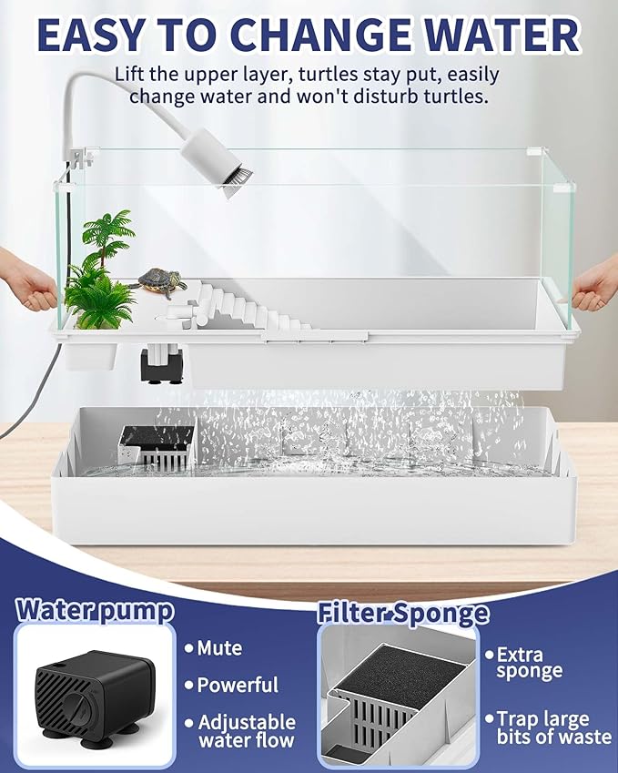 MoonOrange Large Turtle Tank Kit(Tank + Light + Water Pump), Acrylic Turtle Tank Starter Kit with Two Rain Shower Head, Adjustable 5W Water Pump, Higher Fences (Kit-L)