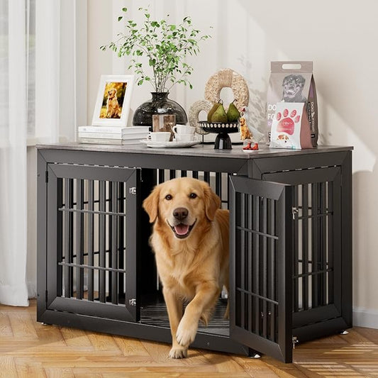 Snuowu 48" Heavy Duty Dog Crate Furniture for Small,Medium and Large Dogs,Rustic Wooden Dog Cage Kennel Indoor Furniture with Waterproof Top,Decorative Pet House Side End Table (Black & Grey)