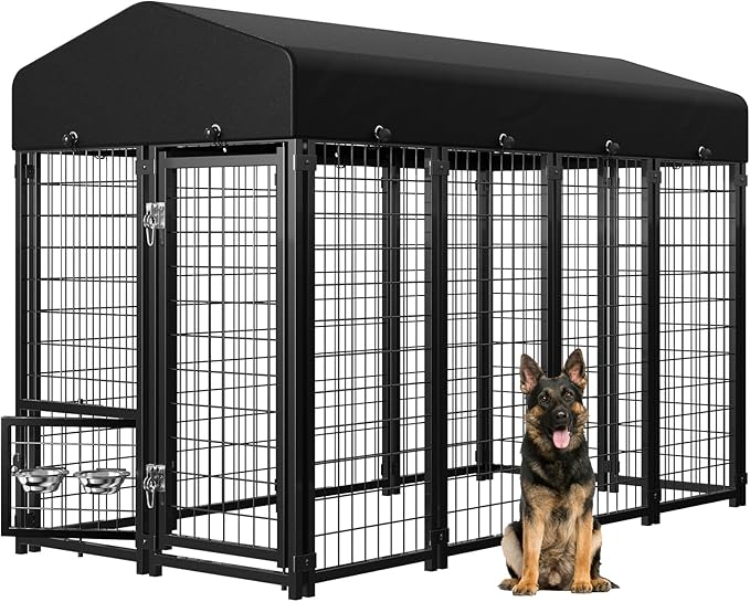 Dog Kennel Outdoor, Weatherproof Outside Dog Kennel with Roof & Swivel Feeders and Removable Dog Door, Heavy Duty Outdoor Kennels Dog Enclosure Run for Medium Large Dogs (8'L x 4'W x 6'H)