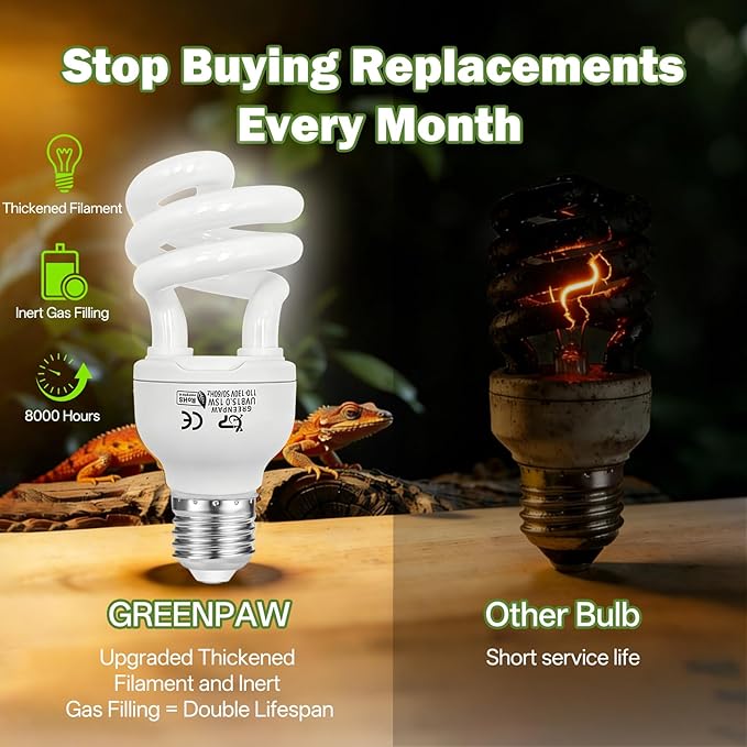 UVB Reptile Light 5.0: 15W Tropical & Subtropical UVA UVB Reptile Light Bulb, UVB Light for Reptiles Compact Fluorescent Terrarium Lamp,UVB Bulb for Chameleon Turtle Gecko Snake Include UV Sensor Card