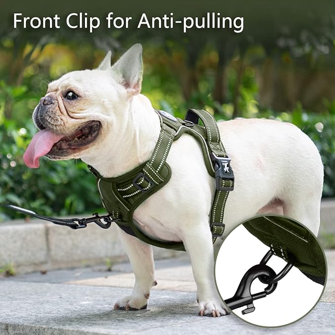 PoyPet No Pull Dog Harness, No Choke Reflective Dog Vest, Adjustable Pet Harnesses with Easy Control Padded Handle for Small Medium Large Dogs(Military Green,XS)