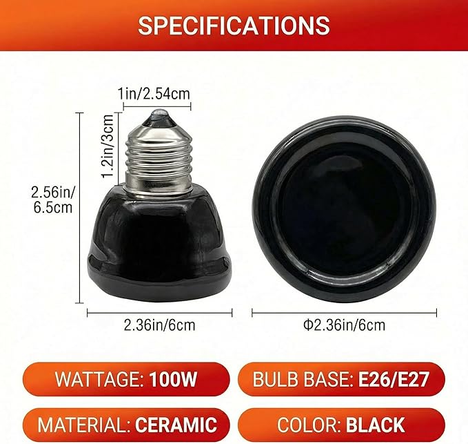 2Pcs 100W Reptile Heat Lamp Ceramic Emitter, Ceramic Heat Lamp for Cats, Chickens, Parrots, Reptiles and Small Animals (Black Mini 110V 100W)
