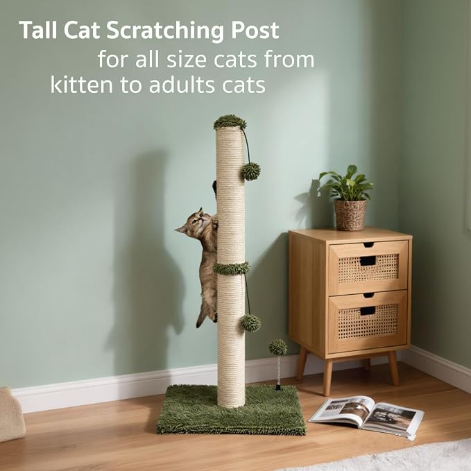 MECOOL 34“ Tall Cat Scratching Post Premium Basics Kitten Scratcher Sisal Scratch Posts Trees with Hanging Ball for Indoor Cats (34 inches for Adult Cats, Cactus Green) - Image 5
