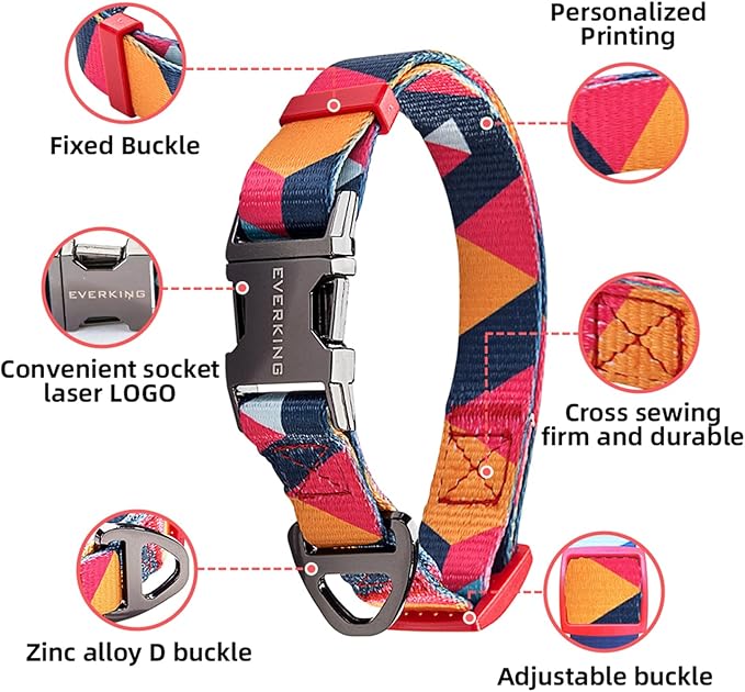 Everking Dog Leash and Collar Set with Metal Buckle, Suitable for Large Dogs Weighing 21-40kg,Memphis Geometric Pattern Design Style, Flexible Webbing, Nylon Handle, Adjustable (Flamingo, L)
