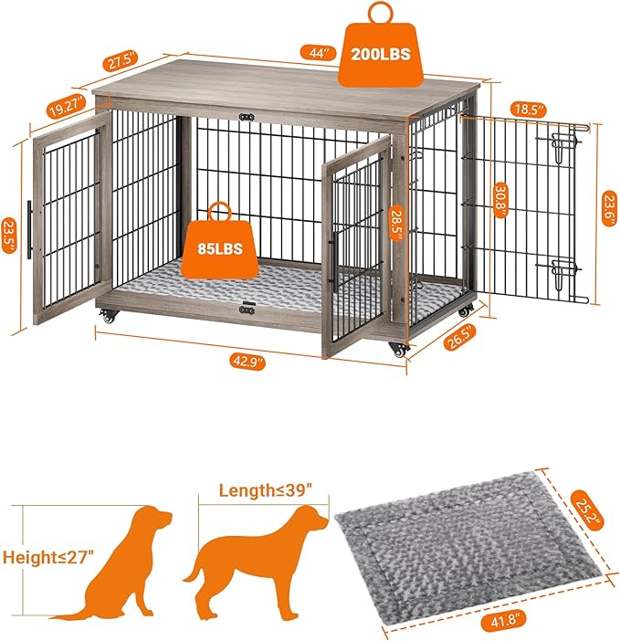 YaFiti Dog Crate Furniture with Cushion Set of 2, Wooden Dog Kennel Indoor with Double Doors, Dog Cage with Wheels, Dog House Side End Table for Large Dogs up to 85 lb, 44" L, Grey