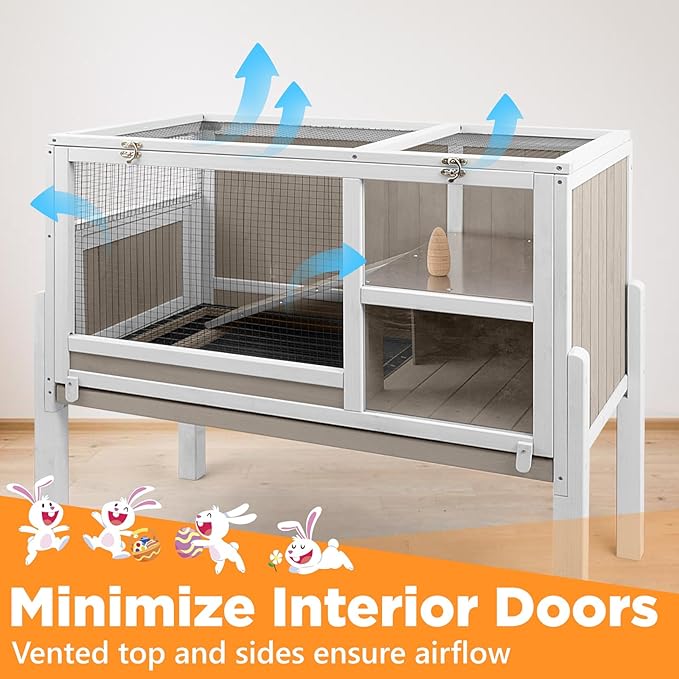 Easy-View 2-Storey Guinea Pig Cages Indoor, Wooden Guinea Pig Cages with 4 Detachable Legs, Leakage Pull-Out Tray, Metal Strip Ramp, Hideout, Ideal for Guinea Pig, Rabbit, Hamster, Hedgehog