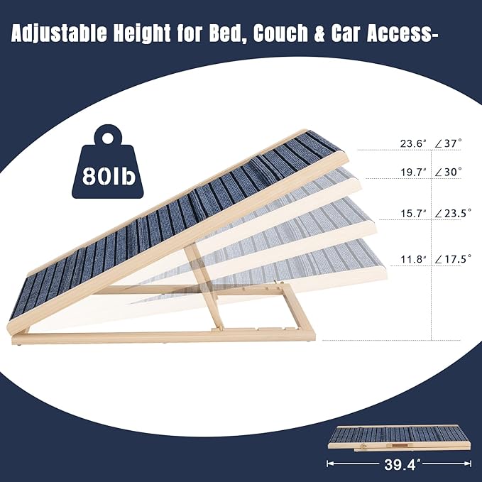 Adjustable Wooden Dog Ramp for Small & Medium Dogs, 39.4" Long x 15.8" Wide Portable Pet Ramp for Bed, Couch, Sofa & Car, Anti-Slip Carpet, Lightweight Foldable Indoor Outdoor Travel Dog Ramp