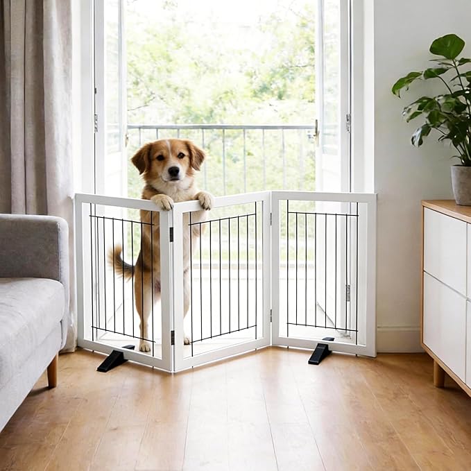 ZJSF Freestanding Dog Gate Indoor, Foldable Dog Fence for Doorways,Hallways or Stairs, Sturdy Wood Extra Wide Pet Gate with Support Feet,White,32 "Height-3 Panels