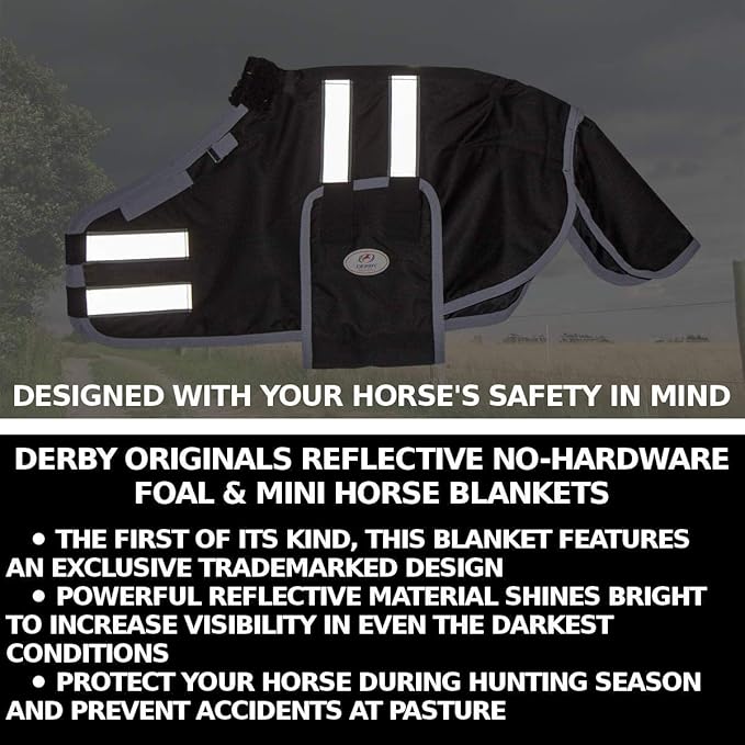 Derby Originals Mini Horse & Foal Winter Turnout Blanket – Reflective, No-Hardware Design, 600D Waterproof Outer, 150g Insulation, 170T Lining, Adjustable Fit, 1-Year Warranty
