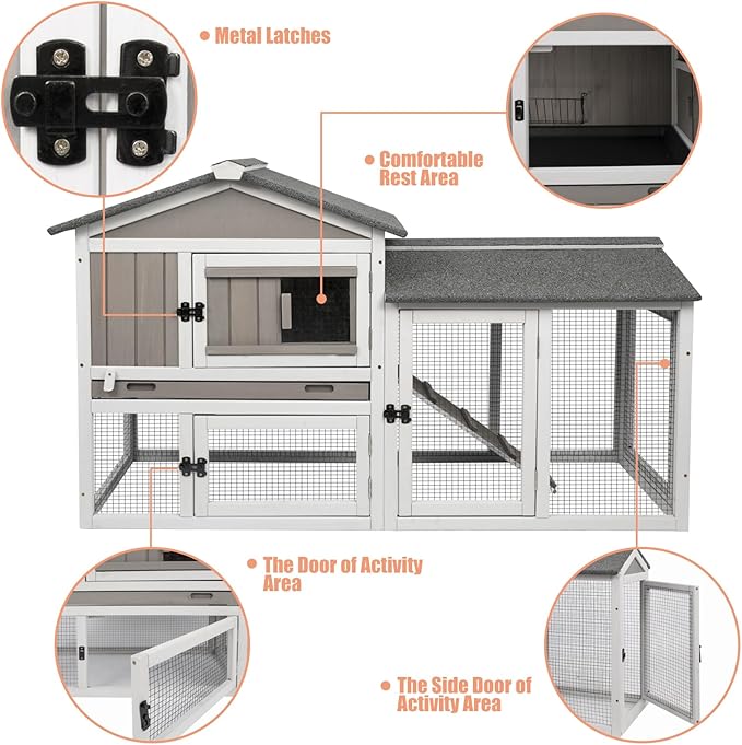 Gowoodhut Rabbit Hutch Indoor Outdoor Bunny Cage with Pull Out Tray,2 Story Wooden Rabbit Cage with Weatherproof Asphalt Roof,Guinea Pig Cage with Ventilation Doors,Ramp for Small Animals 114" L Grey