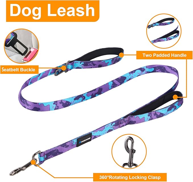 Annchwool No Pull Dog Harness,Heavy Duty Collar & Leash Set-Leash with Double Handle & Car Seatbelt Clip,Easy Control for Walking Training Medium Large Size Dogs(Camo Purple,L)