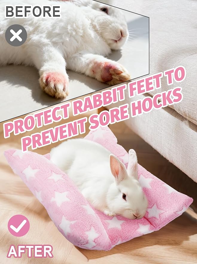 MEWTOGO 15.7" x 14" Bunny Bed for Rabbit Cage - Thickened Soft Prevent Sore Hocks Plush Mat with Cotton Lounger Pillows, Small Animal Flop Mat for Hutch Sleeping Indoor, Pink-Star