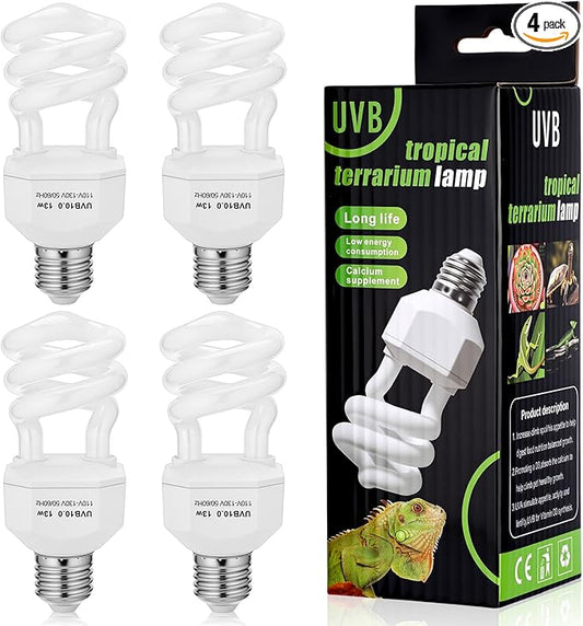 4 Pack UVB Reptile Light Bulb 10.0 Bulb for Desert Reptiles UVB Light Compact Fluorescent Terrarium Lamp for Bearded Dragon, Lizard, Tortoise, Iguanas, Snake, Gecko (13w,Light10.0)