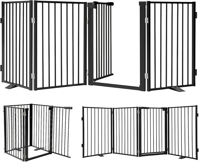 Snagle Paw Metal Freestanding Dog Gate with Door, 80” W x 24” H Dog Fence with Support Feet for Doorways, Stairs and Hallways, Portable Pet Gate for Indoor Use (4 Panel, Black)