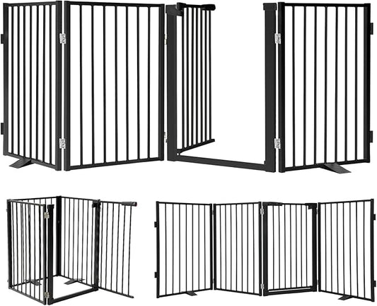 Snagle Paw Metal Freestanding Dog Gate with Door, 80” W x 24” H Dog Fence with Support Feet for Doorways, Stairs and Hallways, Portable Pet Gate for Indoor Use (4 Panel, Black)