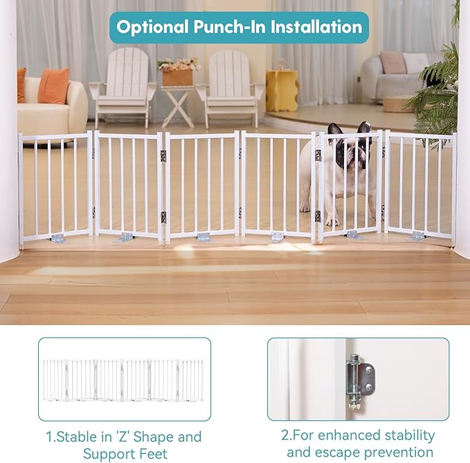 No Pawblems Free Standing Short Dog Gate, 16.5'' Tall Foldable Dog Fence for Indoor & Outdoor, Up to 72 Inch Extra Wide Puppy Gate for Stairs, Hallways, Doorways, Deck, Yard (White, 6 Panels)