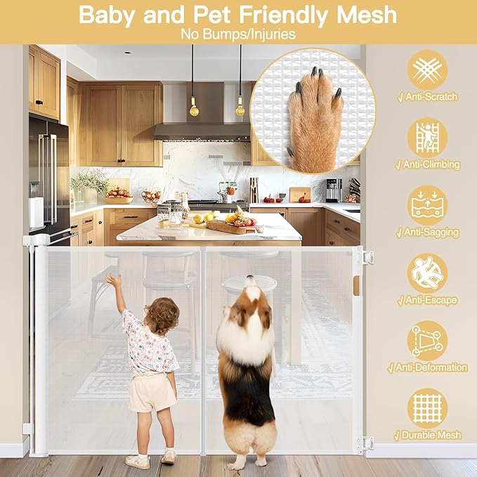 Reinforced 42" Extra Tall Retractable Baby Gates Tall Dog Gate with Support Rods, 55" Wide Mesh Gate Retractable Pet Gate Indoor/Outdoor Baby Gates for Dogs - Bottom Anti-Escape, White