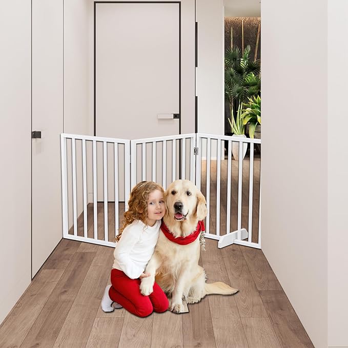 BONNLO Free Standing Dog Gate Indoor, Foldable Pet Gate for Dogs and Puppy, 24" Height Wooden Dog Gates for Doorways Extra Wide/Stairs/Hallways (White, 4 Panel)