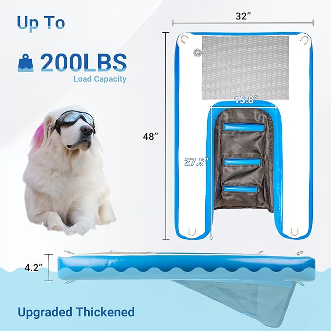 Dog Boat Ramp 48"x32", Inflatable Dog Ramp for Boat & Pool Ramp for Dogs, Non-Slip Stable Pet Ramp, Supports Up to 200 lbs for Pool, Lake & Beach
