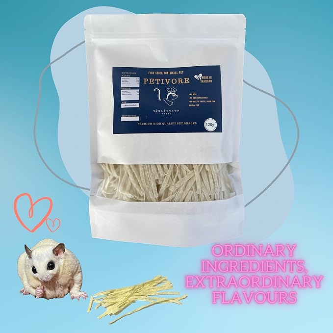 Premium Large Pack Fish Stick for Sugar Glider - Made with Real Fish - Hamster, Squirrel, Chinchillas, Marmoset, Small Exotic Animal Pet Treats, Snacks and Food (120g)