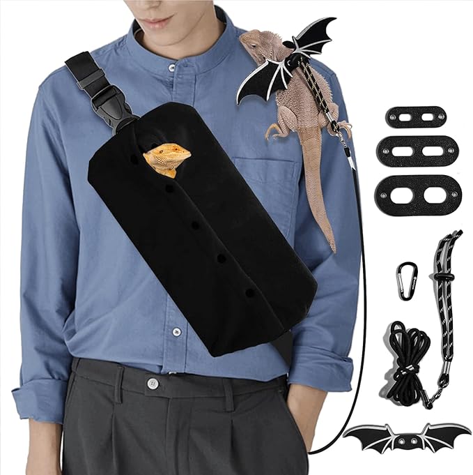 WATFOON Adjustable Lizard Leather Leash Harness and Bearded Dragon Carrier Sling, Reptile Small Pet Training Leashes and Beardie Snuggle Sling Bag for Outdoor Travel (L Black)
