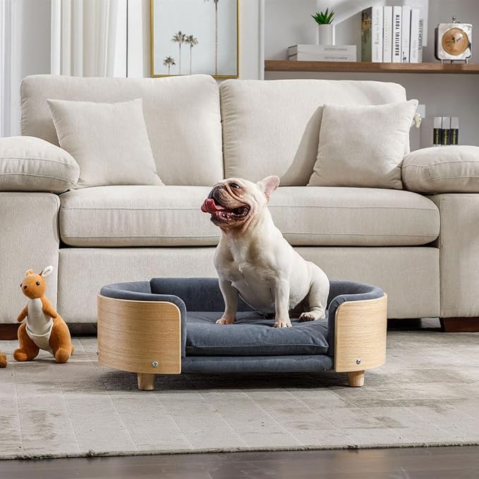 Elevated Dog Bed Pet Sofa with Solid Wood Legs and Bent Soft Backrest, Pet Cat Stool Bed with Velvet Cushion,for Small and Medium Size Dogs Kitten, Mid Size