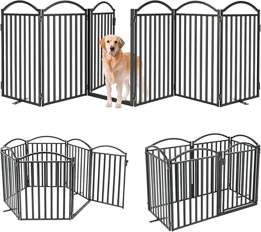 Malier Metal Freestanding Dog Gates with Door, 32'' Height Outdoor Indoor Dog Fences, Extra Wide Foldable Puppy Gate Free Standind Tall Pet Gate for Stairs, Hallways, Doorways, Yard (Black 6 Panels)