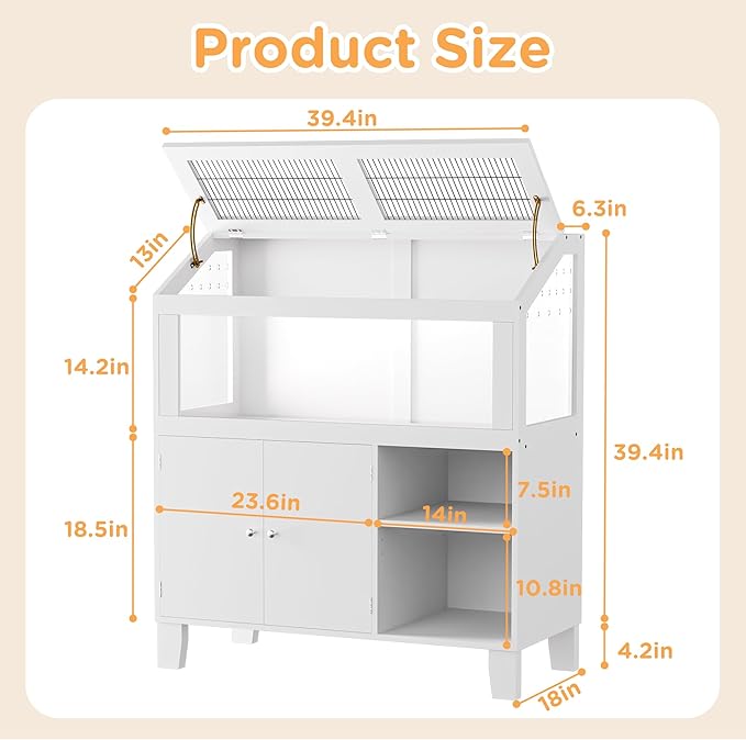 Hamster Cage with Storage Cabinet, Hamster Cage Large, Large Hamster Habitat with Easy View Acrylic Panels, Wooden Small Animal Cages for Guinea Pigs, Rabbits, Gerbils, Hedgehogs, White