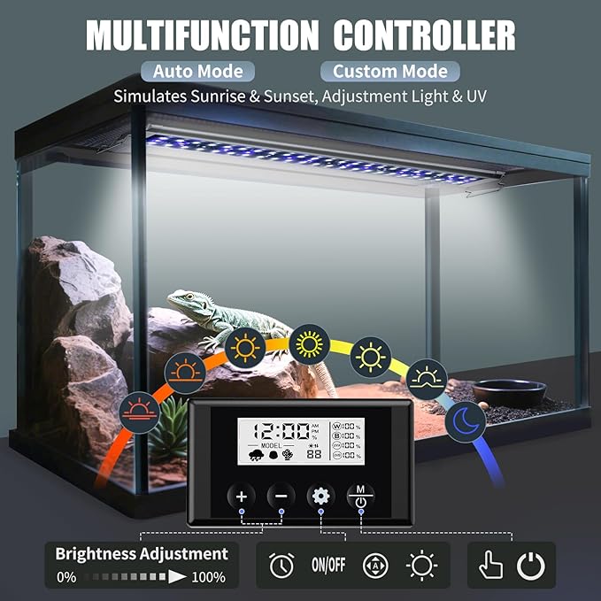 27-Inch LED UVA UVB Light for Reptiles with Controller, Full Spectrum UVA & UVB Reptile Light with Auto 24-Hour Cycle Timer & 10 Dimmable for Bearded Dragons, Turtles, Frogs, Snakes, Plants