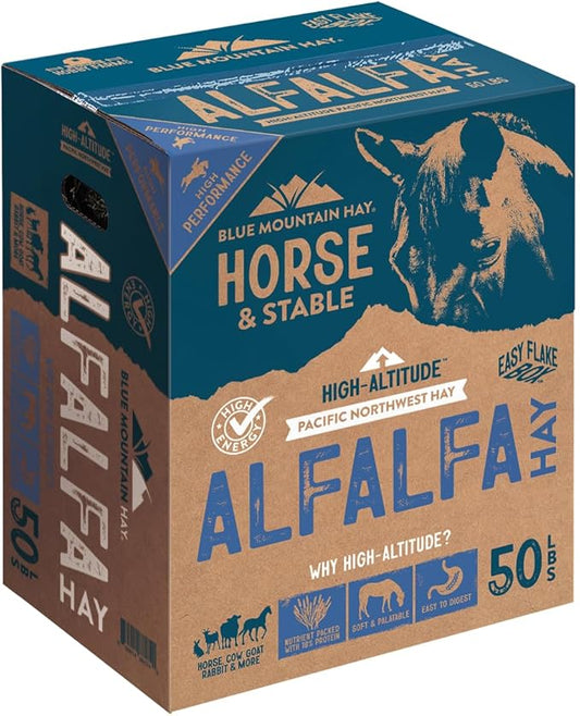 Blue Mountain Hay High-Altitude Alfalfa Hay Easy Flake Box (50 lb),Leafy Texture, High Protein Fiber & Minerals, Easy Storage Feed Solution for Homestead Use