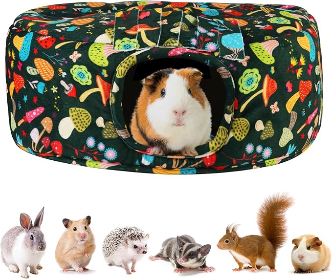 Guinea Pig Hideout & Tunnels Cozy House with Door Curtain Soft Bed for Small Pets/Hamsters/Sugar Gliders/Chinchillas - Blackish Green Mushroom