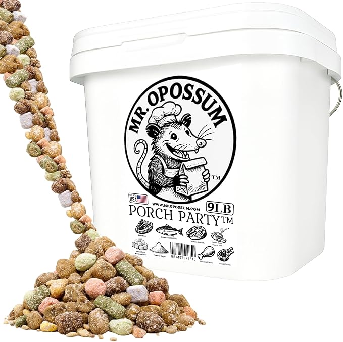 Porch Party Mix™ Raccoon and Opossum Food Wildlife Treat Blend for Backyard Feeding with Marshmallows Beef Chicken Lamb Ocean Fish and Peanut Butter Puffs (9 lb Pail)