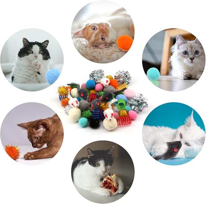 60 Pack Cat Toys - Assorted Kitten, Mouse, Crinkle & Pom Pom Balls - Image 5