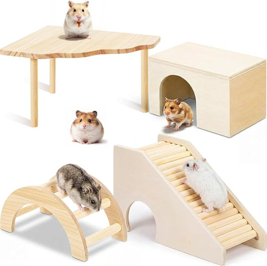 BreezeHug 4 Pcs Hamster Platform Hideout Wooden Tunnel Ladder Playhouse Hamster Game Climbing Toy with Platform Cage Accessories for Small Pets Dwarf Syrian Mice Degus Gerbils Squirrel(Log Cabin)