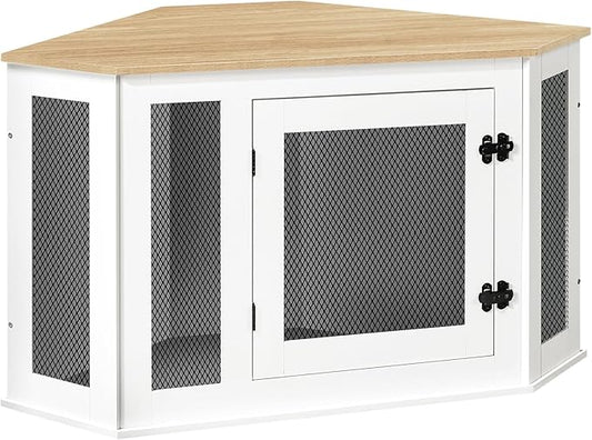 MAHANCRIS Corner Dog Crate Furniture, Wooden Dog Kennel End Table, Decorative Pet Crate Indoor Use, Furniture Style Dog House for Small Medium Dog, Dog Cage TV Stand, White and Natural DCBN0801