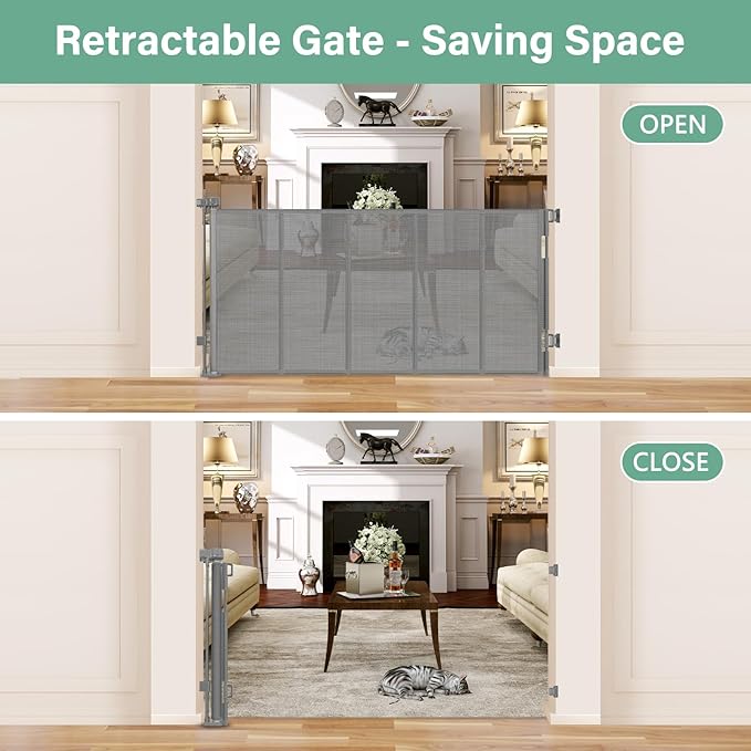 Reinforced 26 Inch Tall Retractable Child Gate to Step Over 55" Wide Small Retractable Baby Gates for Stair Retractable Dog Gate Short Mesh Dog Gate Retractable Toddler Gates for Doorways Doggy Gate