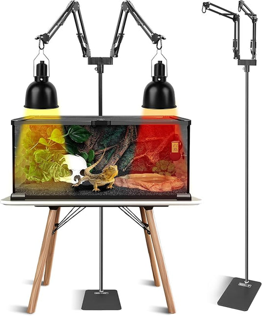 Dual Reptile Light Stand, Heat Bulb Stand (15.7 to 74.3 inch) with 2 Adjustable 360° Swing Arms for Terrarium, Reptile Heat Lamp Stand for Bearded Dragons, Turtles, and Chameleons (Black)