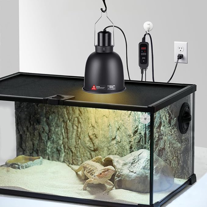 DXOPHIEX 5.5inch Reptile Heat Lamp with Thermostat, Reptile Light Fixture with Dimming Thermostat, Deep Dome Lamp Fixture with 100W Ceramic Heat Emitter for Bearded Dragon, Turtles, Snake and Lizard