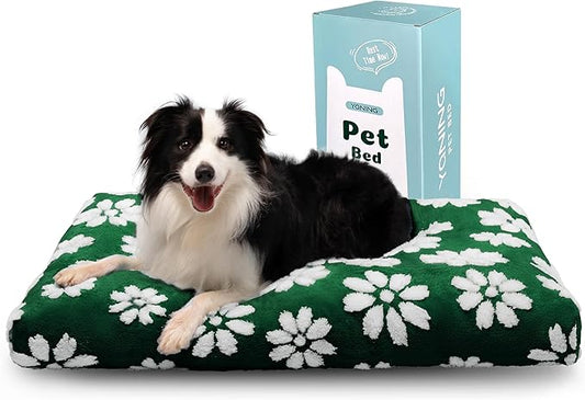 Dog Beds for Large Dogs, Cute Thick Dog Bed for Crate Kennel, Fluffy Pet Bed with Removable Washable Cover and Anti-Slip Bottom, 35"x 22", Green Flower