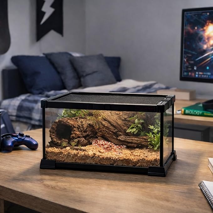 Aquatop 2.5 Gal Stackable Small Pet Terrarium - Durable Clear Glass Tank with Removable Ventilated Mesh Top for Reptiles, Arachnids, and Amphibians, RT-2.5