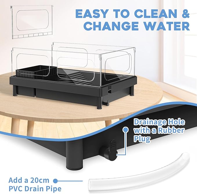 MoonOrange Small Turtle Tank Kit, Acrylic Turtle Tank Starter Kit with Basking Platform, Bottom Drainage, Multi-Function Areas for Turtles, Crabs, Crayfish, Small Reptiles (Black Kit)