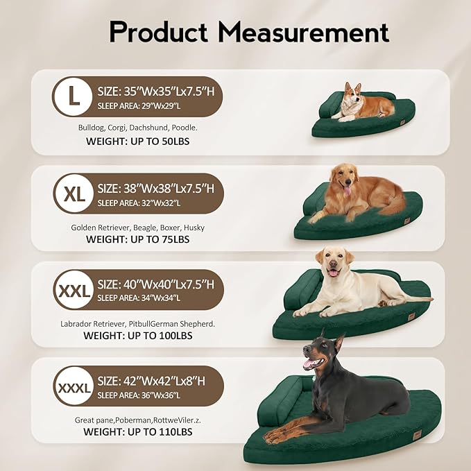 MEKIY Large Orthopedic Dog Bed with Sides Big Dog Beds with Removable Washable Cover Non-Slip Waterproof Pet Bed for Medium Large Dogs - Dark Green L