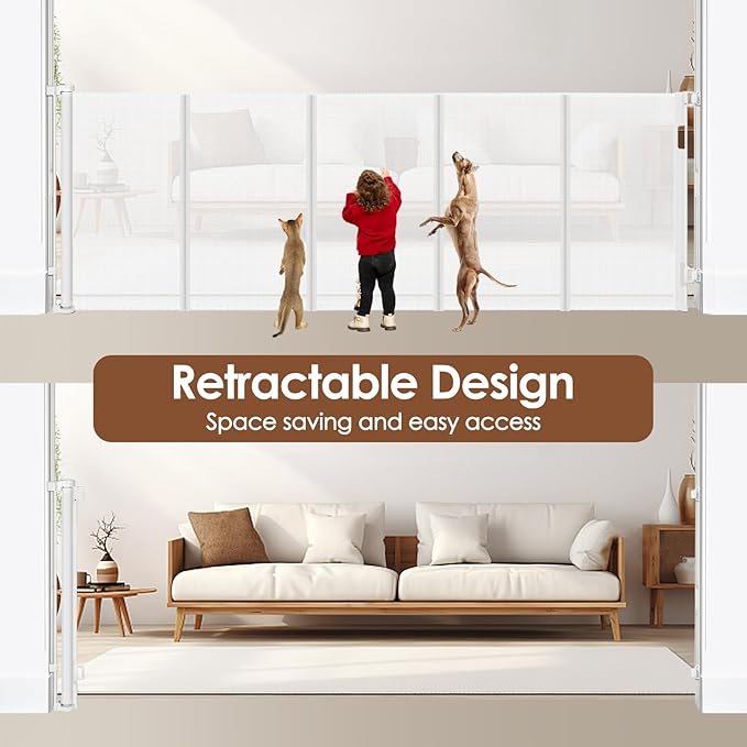 Reinforced 48" Extra Tall X 100" Extra Long Baby Gates for Wide Openings Retractable Baby Gates Extra Wide Dog Gates Indoor Mesh Gates for Dogs Tall Pet Gates for Doorways Mesh Cat Gate, White